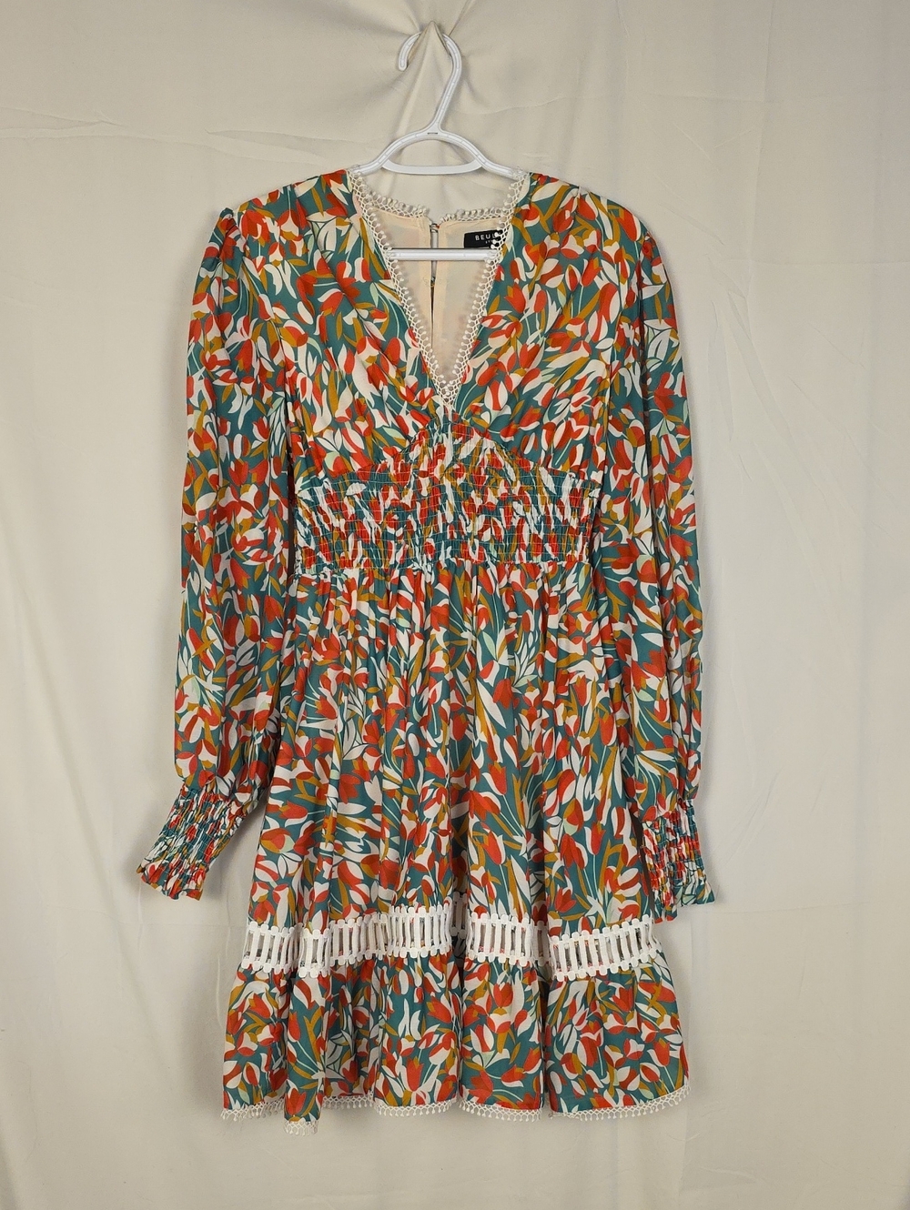 Beulah Multicolor Leaf Print Long Sleeve Smocked Dress